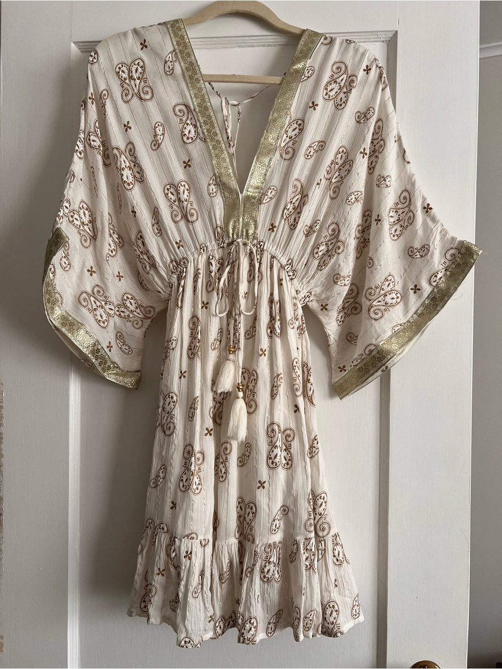 Bohemian Embroidered Tassel Tunic Dress - Cream